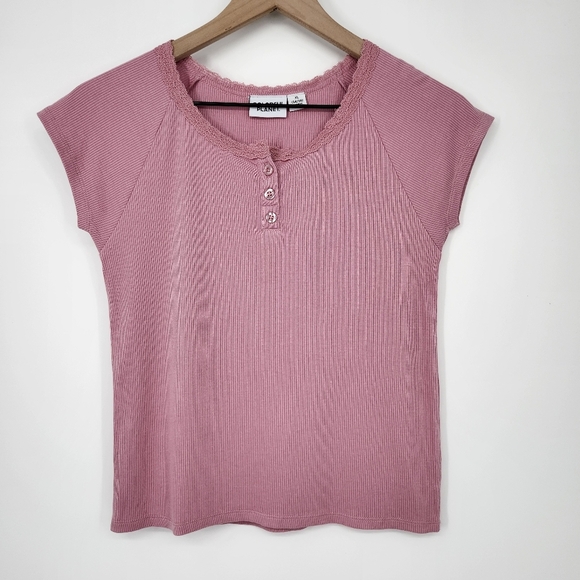 Colorful Planet Womens Ribbed Henley Top Size XL Mauve Lace Trim Y2K‎ Retro 90s - Picture 2 of 7